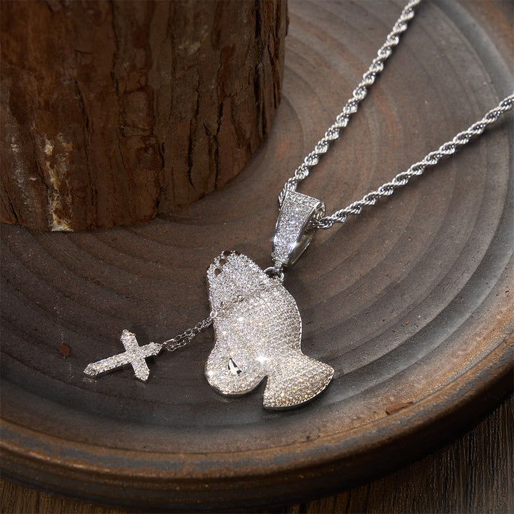 Christianartworkshop Full Pave Praying Hands Pendant With Hanging Cross Necklace: Timeless Emblem of Sincere Devout Prayer - image 5
