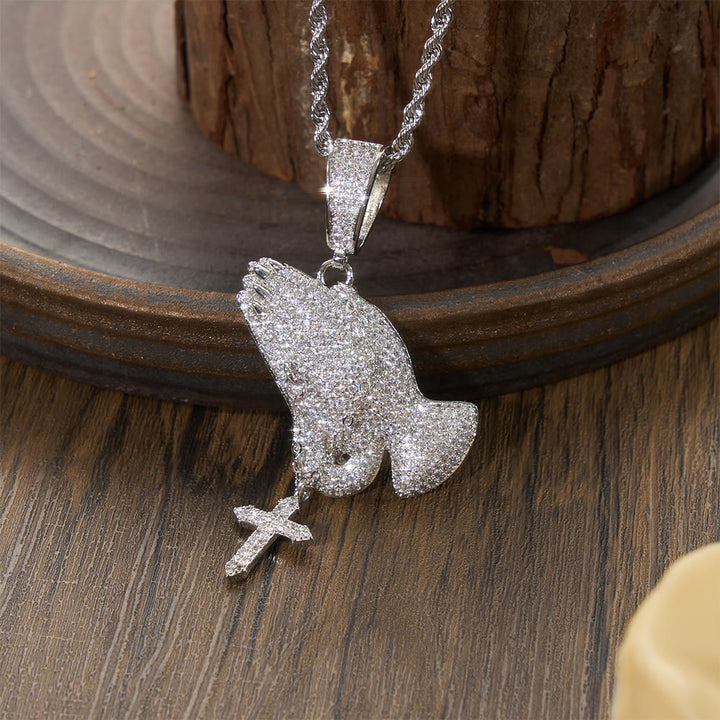 Christianartworkshop Full Pave Praying Hands Pendant With Hanging Cross Necklace: Timeless Emblem of Sincere Devout Prayer - Silver - image 3