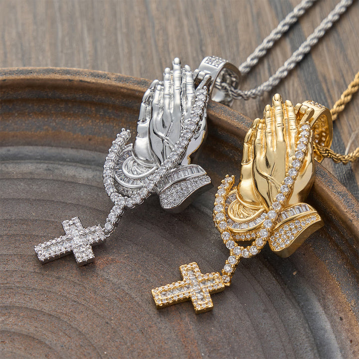 Christianartworkshop Praying Hand Stone Wreath Cross Necklace: Timeless Emblem of Abiding Divine Peace - image 0