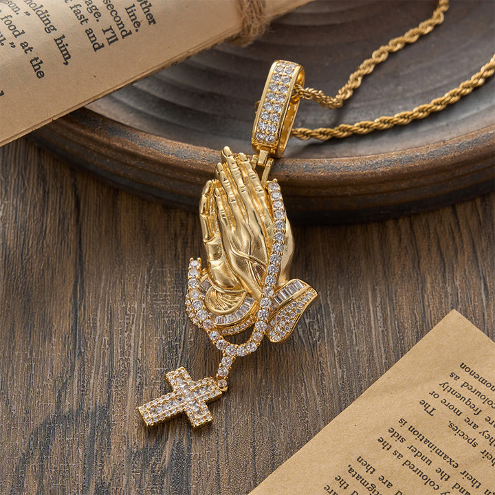 Christianartworkshop Praying Hand Stone Wreath Cross Necklace: Timeless Emblem of Abiding Divine Peace - Golden - image 2