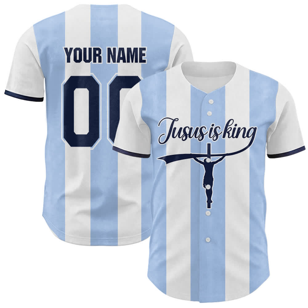 Christianartworkshop Custom Name Number "Jesus Is King" Cross Print Striped Baseball Jersey - 5XL - Name & Number Customized - image 0