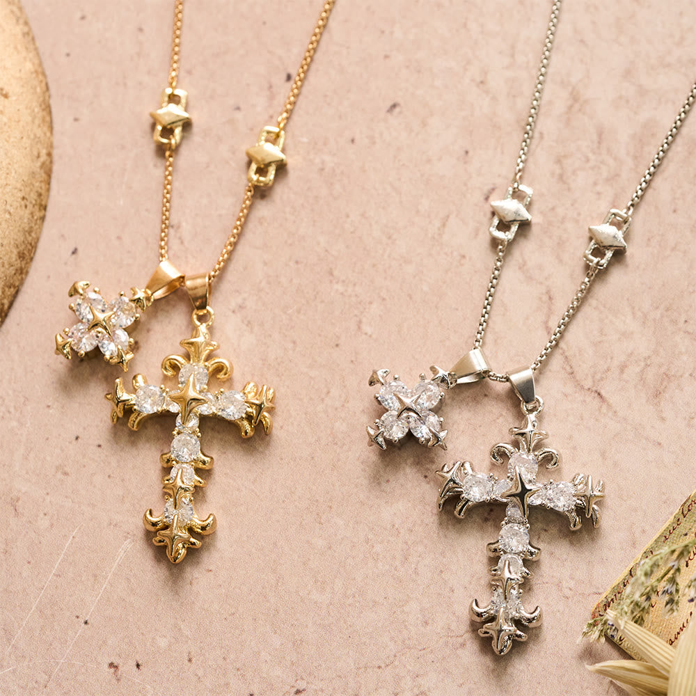 Christianartworkshop Star Accent Stone Inlaid Double Cross Layered Necklace: Timeless Emblem of Sincere Devout Prayer - image 1
