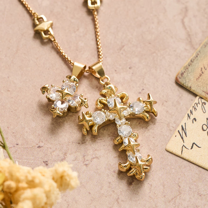 FREE Today: Star Accent Stone Inlaid Double Cross Layered Necklace: Timeless Emblem of Sincere Devout Prayer - Golden - image 0