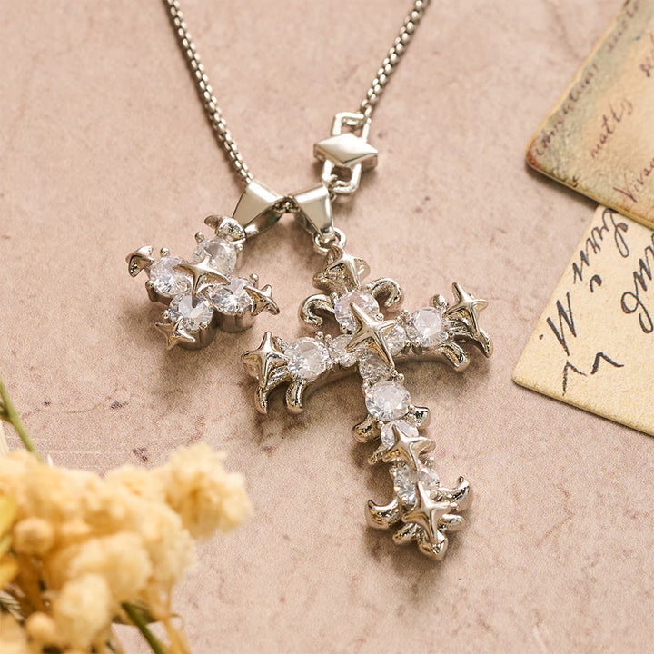 FREE Today: Star Accent Stone Inlaid Double Cross Layered Necklace: Timeless Emblem of Sincere Devout Prayer - Silver - image 4