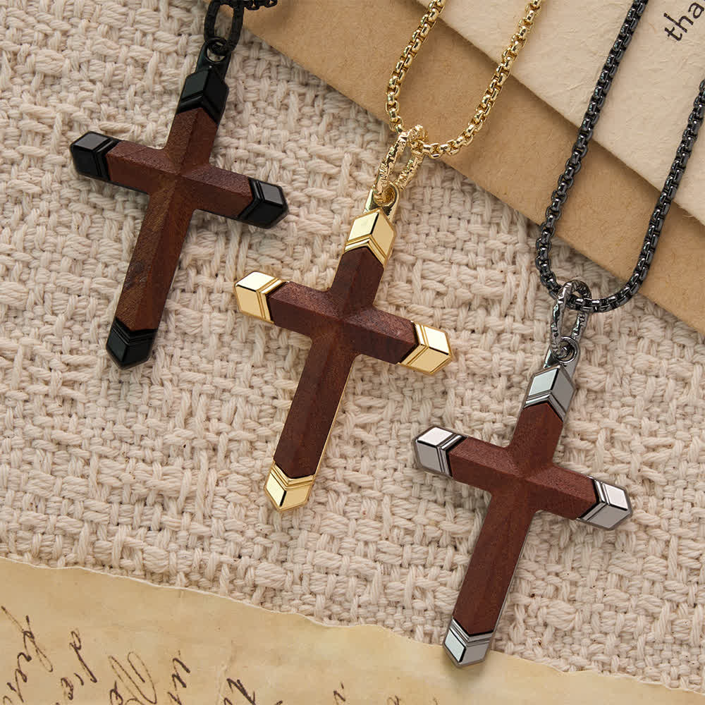 Christianartworkshop Two-Tone Stainless Steel Inlaid Solid Wood Cross Pendant Box Chain Necklace - image 3