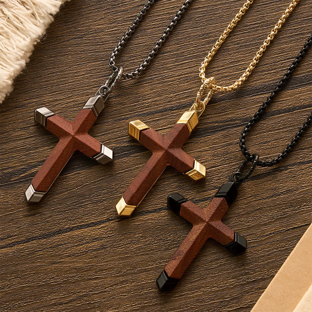 Christianartworkshop Two-Tone Stainless Steel Inlaid Solid Wood Cross Pendant Box Chain Necklace - image 5