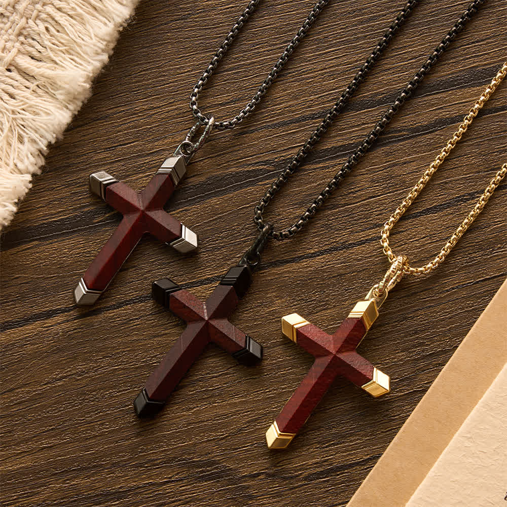 Christianartworkshop Two-Tone Stainless Steel Inlaid Solid Wood Cross Pendant Box Chain Necklace - image 4