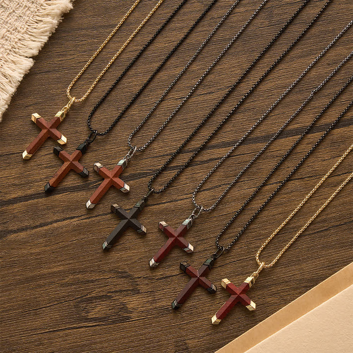 Christianartworkshop Two-Tone Stainless Steel Inlaid Solid Wood Cross Pendant Box Chain Necklace - image 2