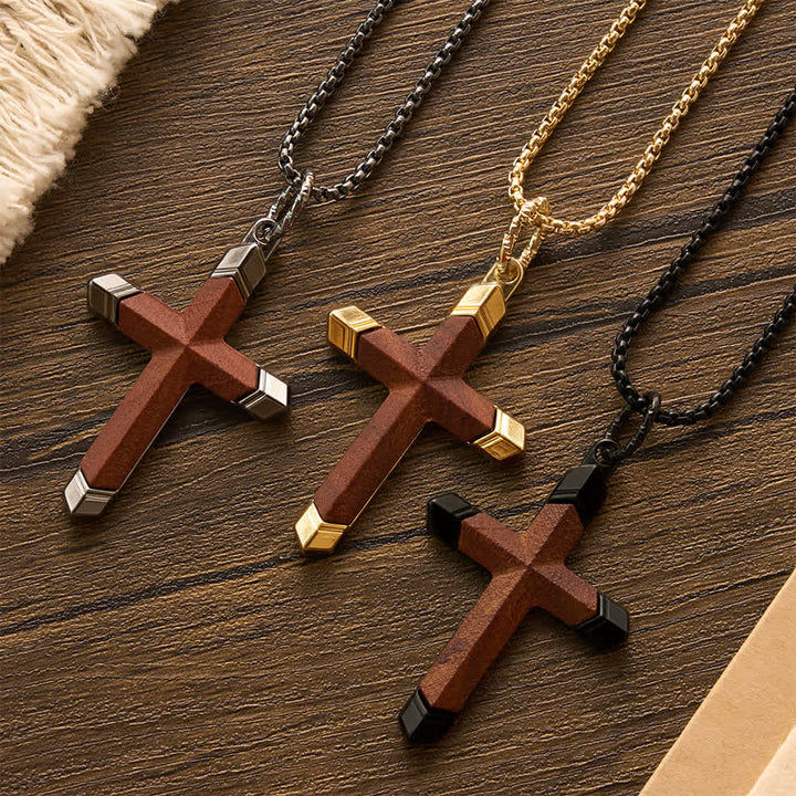 FREE Today: Multicolor Stainless Steel Inlaid Solid Wood Cross Pendant Box Chain Necklace - image 5