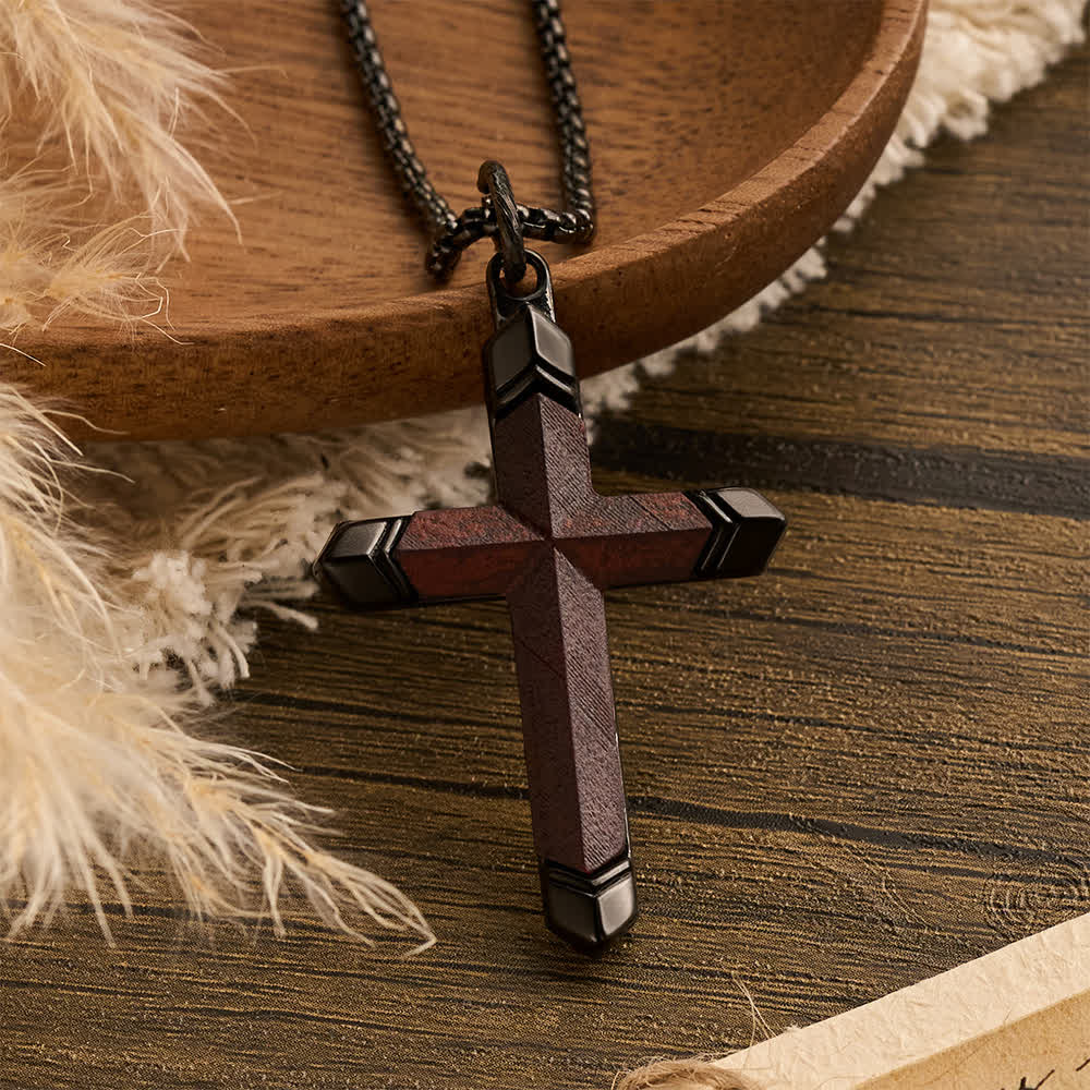 Christianartworkshop Two-Tone Stainless Steel Inlaid Solid Wood Cross Pendant Box Chain Necklace - image 9