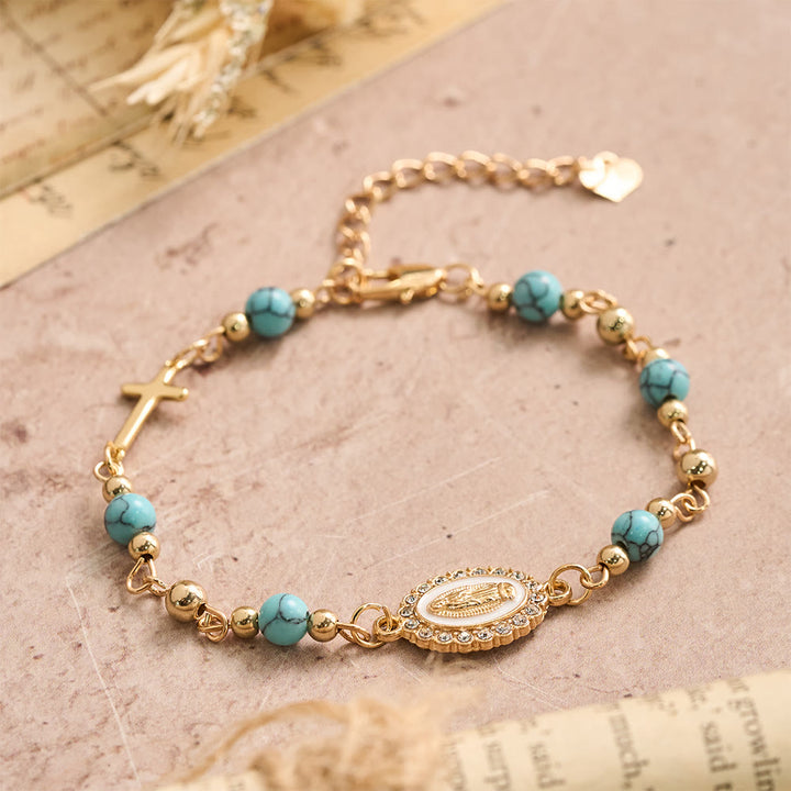 Christianartworkshop Our Lady Oval Plaque Cross Natural Stone Adjustable Bracelet: Personalized Emblem of Steadfast Heavenly Faith - image 4