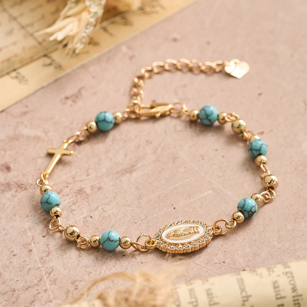 FREE Today: Our Lady Oval Plaque Cross Natural Stone Adjustable Bracelet: Personalized Emblem of Steadfast Heavenly Faith - image 4
