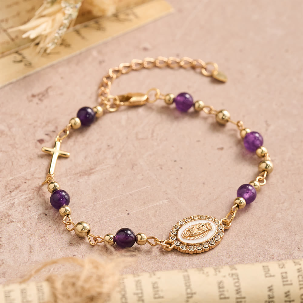 FREE Today: Our Lady Oval Plaque Cross Natural Stone Adjustable Bracelet: Personalized Emblem of Steadfast Heavenly Faith - image 2