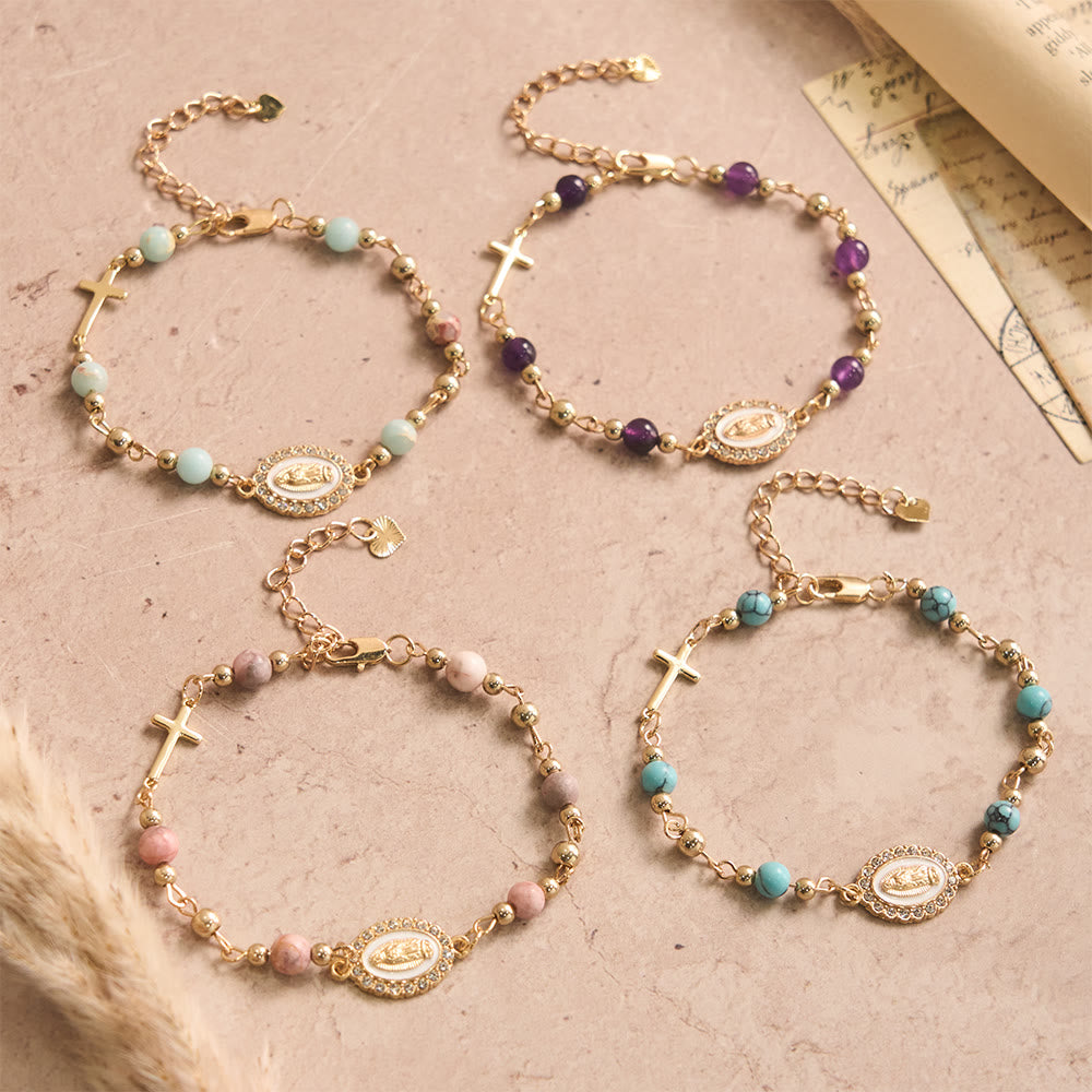 Christianartworkshop Our Lady Oval Plaque Cross Natural Stone Adjustable Bracelet: Personalized Emblem of Steadfast Heavenly Faith - image 0