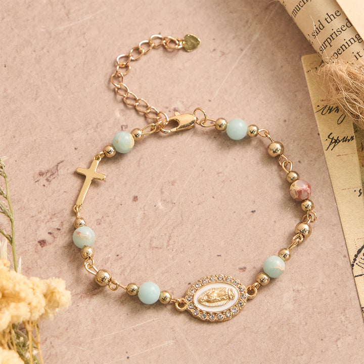 Christianartworkshop Our Lady Oval Plaque Cross Natural Stone Adjustable Bracelet: Personalized Emblem of Steadfast Heavenly Faith - Our Lady&Shoushan Stone - image 5
