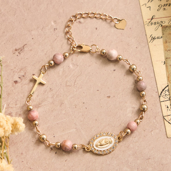 FREE Today: Our Lady Oval Plaque Cross Natural Stone Adjustable Bracelet: Personalized Emblem of Steadfast Heavenly Faith - Our Lady&Pink Zebra Jasper - image 7