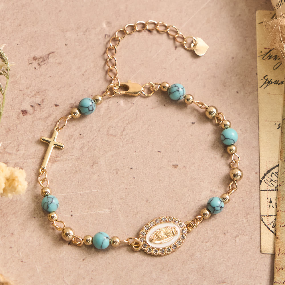 Christianartworkshop Our Lady Oval Plaque Cross Natural Stone Adjustable Bracelet: Personalized Emblem of Steadfast Heavenly Faith - Our Lady&Blue Turquoise - image 3
