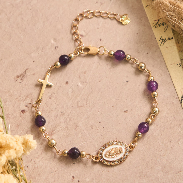Christianartworkshop Our Lady Oval Plaque Cross Natural Stone Adjustable Bracelet: Personalized Emblem of Steadfast Heavenly Faith - Amethyst - image 1