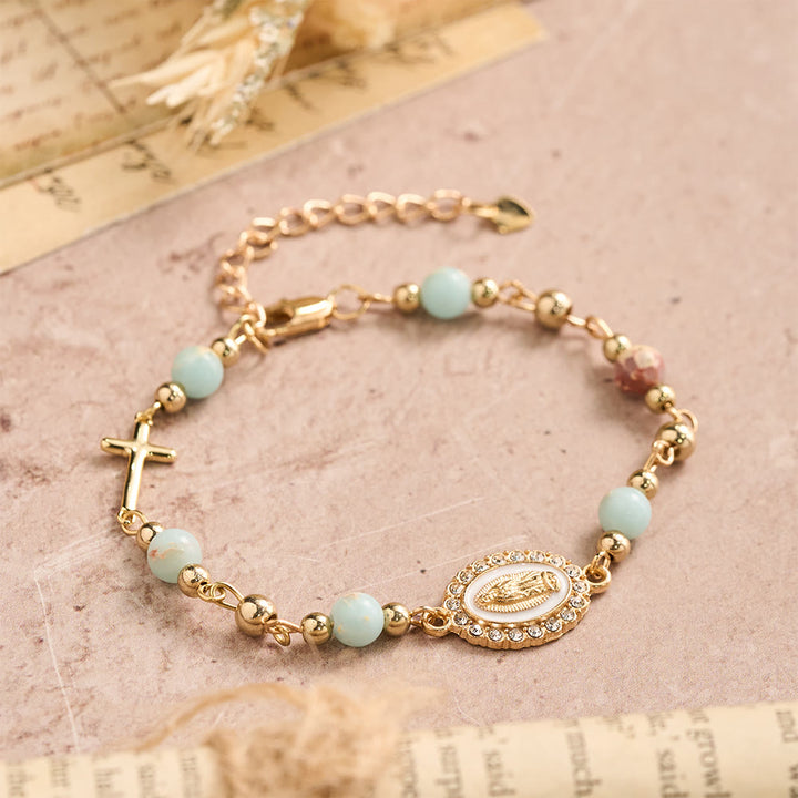 Christianartworkshop Our Lady Oval Plaque Cross Natural Stone Adjustable Bracelet: Personalized Emblem of Steadfast Heavenly Faith - image 6