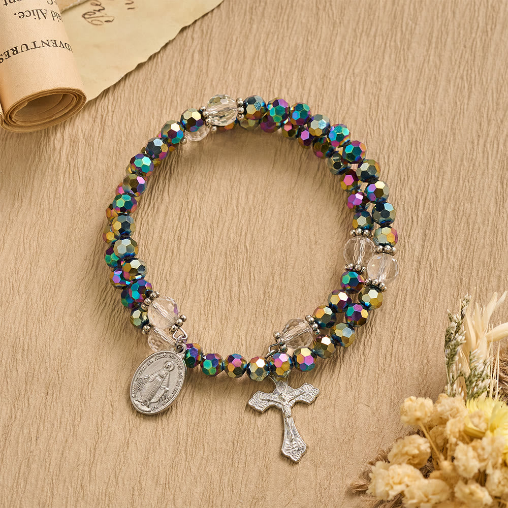 Christianartworkshop Faceted Bead Virgin Mary Medal Crucifix Wrap Bracelet: Personalized Emblem of Steadfast Heavenly Faith - image 1