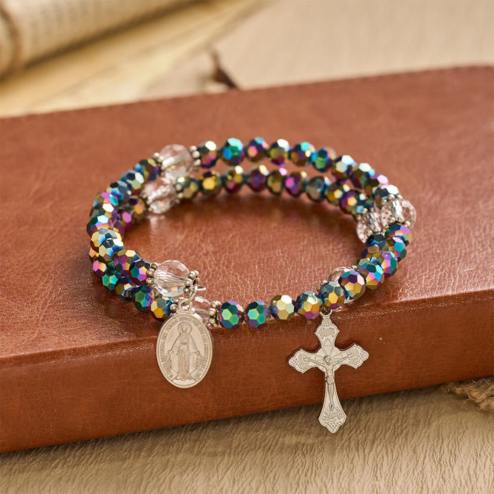 Christianartworkshop Faceted Bead Virgin Mary Medal Crucifix Wrap Bracelet: Personalized Emblem of Steadfast Heavenly Faith - Our Lady&Crucifix - image 0
