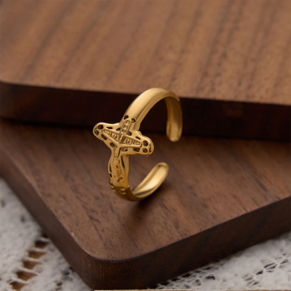 Christianartworkshop Hollow Outline Crucifix Adjustable Open Ring: Personalized Emblem of Steadfast Heavenly Faith - image 2