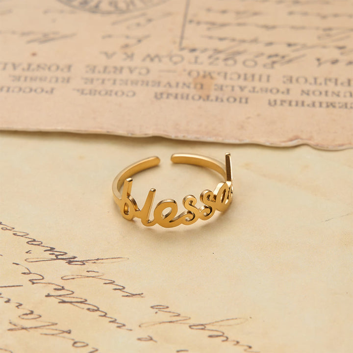 Christianartworkshop Cursive Blessed Word Open Adjustable Ring: Personalized Emblem of Steadfast Heavenly Faith - Golden(Suitable for US sizes 6-10) - image 0