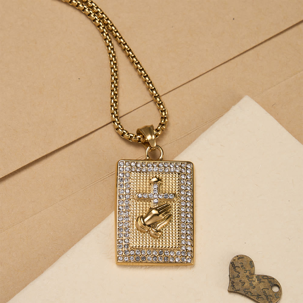 Christianartworkshop Praying Hands Cross Rectangular Tag Box Chain Necklace: Timeless Emblem of Sincere Devout Prayer - Golden - image 0