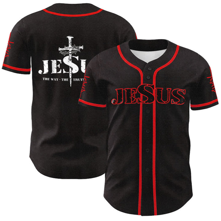 Christianartworkshop Jesus Cross Nail and Crown of Thorns Baseball Jersey - Black - Red - 5XL - image 7