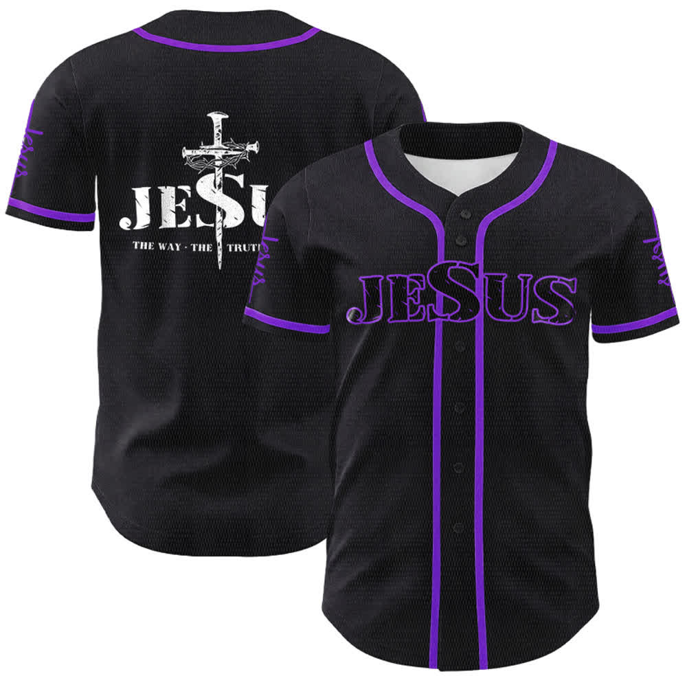 Christianartworkshop Jesus Cross Nail and Crown of Thorns Baseball Jersey - Black - Purple - 5XL - image 25