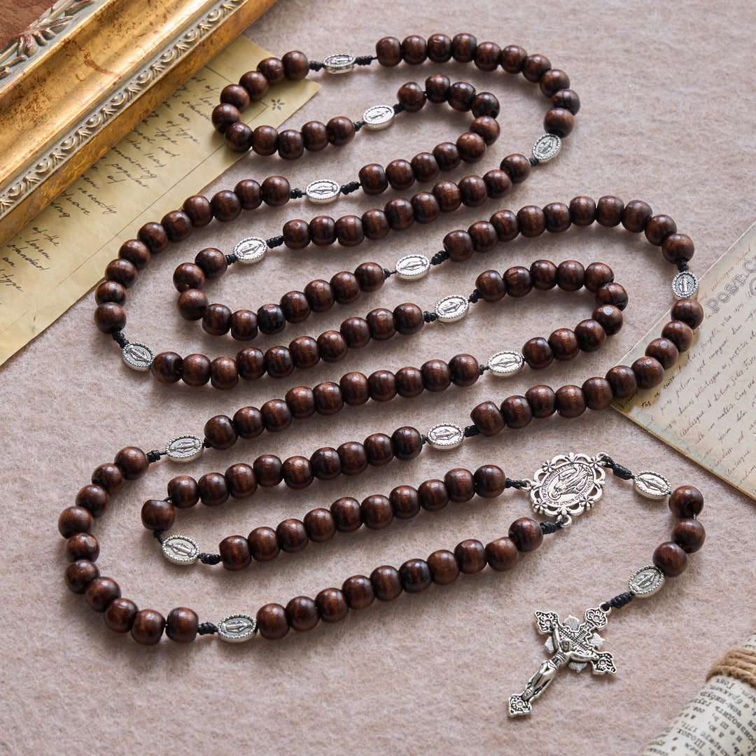 Christianartworkshop 5/15/20 Decade Polished Natural Wood Bead Floral Frame Our Lady & Carved Crucifix Rosary - image 5