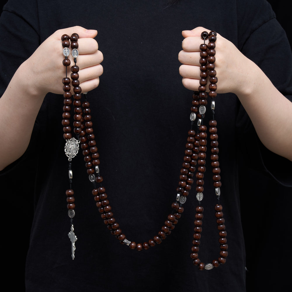 Christianartworkshop 5/15/20 Decade Polished Natural Wood Bead Floral Frame Our Lady & Carved Crucifix Rosary - image 1