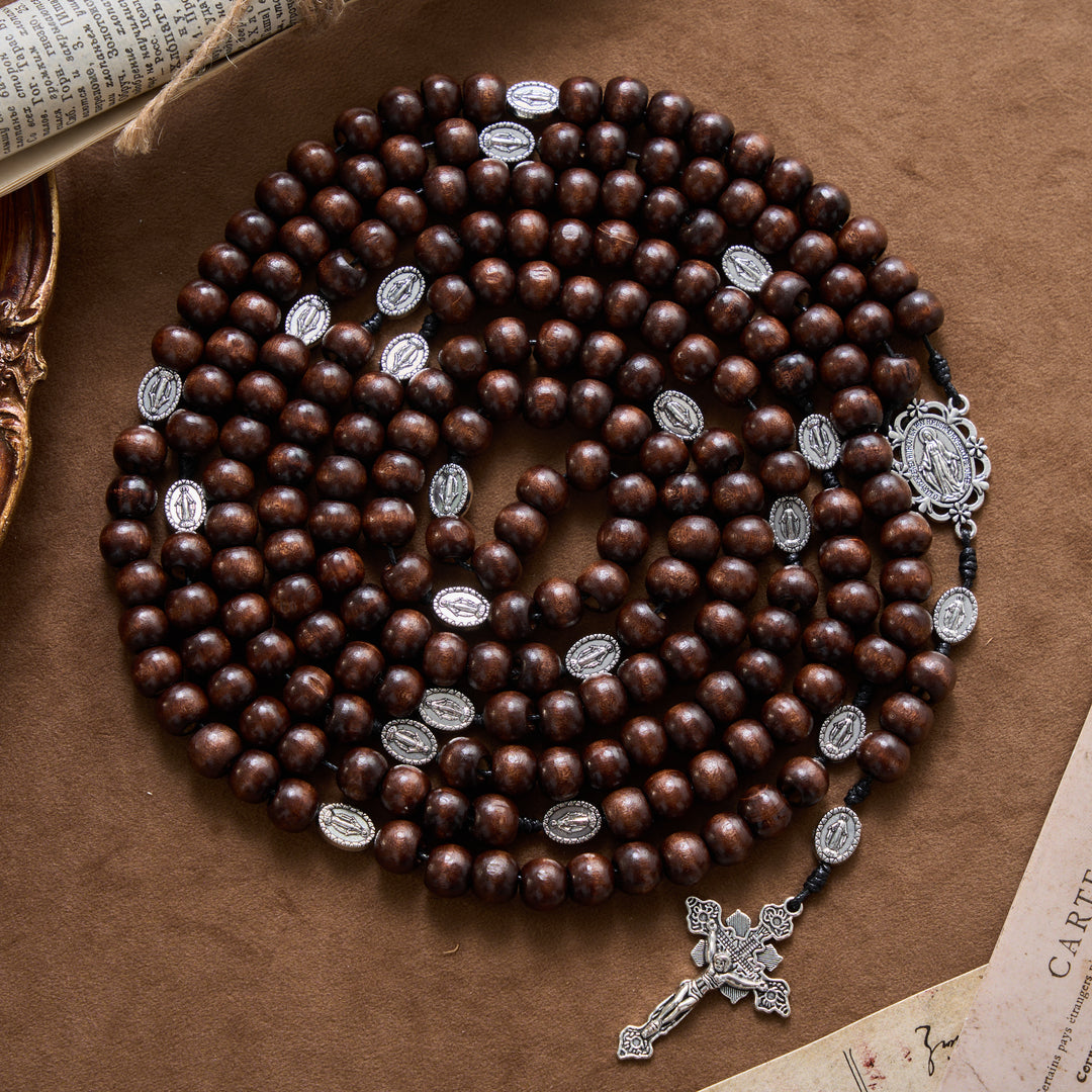 Christianartworkshop 5/15/20 Decade Polished Natural Wood Bead Floral Frame Our Lady & Carved Crucifix Rosary - 20 Decade Rosary - image 0