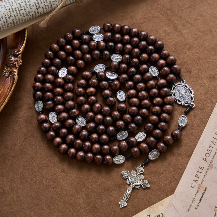 Christianartworkshop 5/15/20 Decade Polished Natural Wood Bead Floral Frame Our Lady & Carved Crucifix Rosary - 15 Decade Rosary - image 3