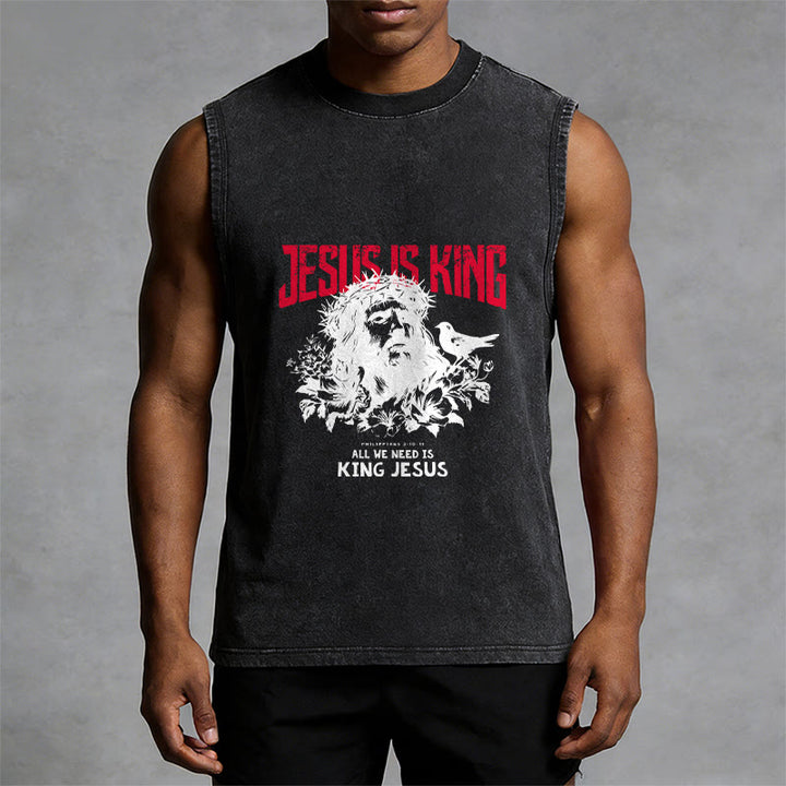 Christianartworkshop Jesus Is King Crown of Thorns Unisex Washed Tank Top - image 4