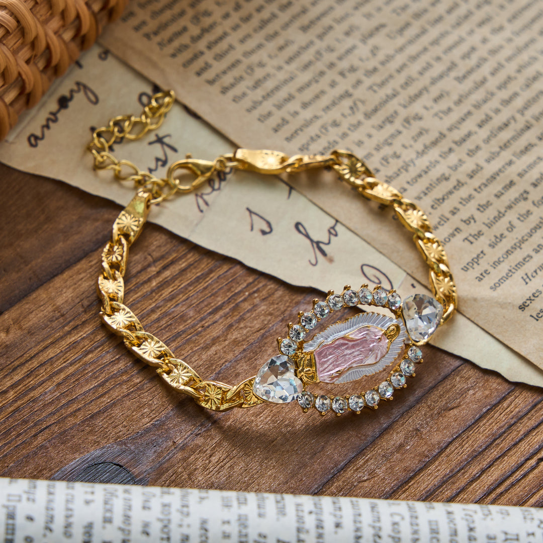 Christianartworkshop Heart Crystal Frame Our Lady of Guadalupe Oval Charm Curb Chain Bracelet: Personalized Emblem of Steadfast Heavenly Faith - Pink - image 3