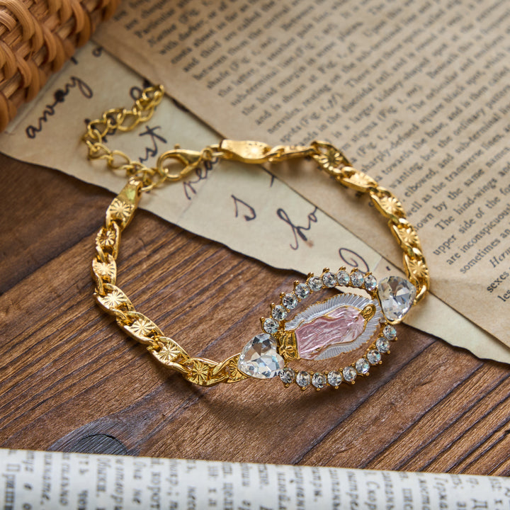 Christianartworkshop Heart Crystal Frame Our Lady of Guadalupe Oval Charm Curb Chain Bracelet: Personalized Emblem of Steadfast Heavenly Faith - Pink - image 3