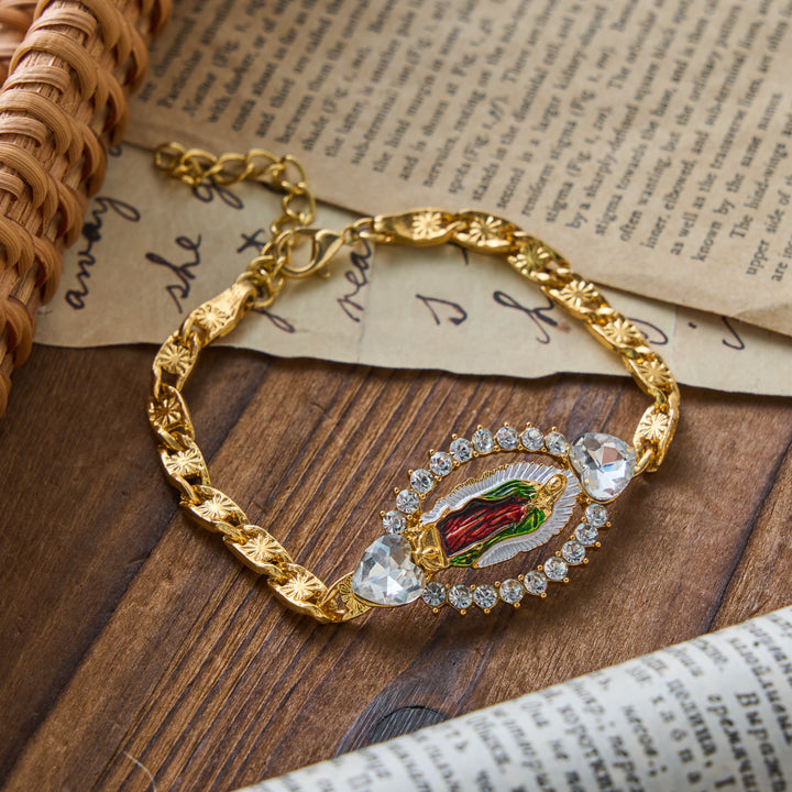 Christianartworkshop Heart Crystal Frame Our Lady of Guadalupe Oval Charm Curb Chain Bracelet: Personalized Emblem of Steadfast Heavenly Faith - Red - image 4