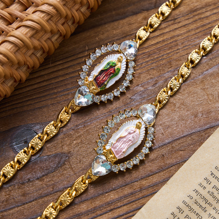 Christianartworkshop Heart Crystal Frame Our Lady of Guadalupe Oval Charm Curb Chain Bracelet: Personalized Emblem of Steadfast Heavenly Faith - image 1
