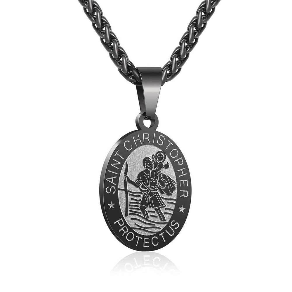 Christianartworkshop Oval Saint Christopher Engraved Medal Wheat Chain Necklace: Timeless Emblem of Gentle Heavenly Guardianship - Black - image 1