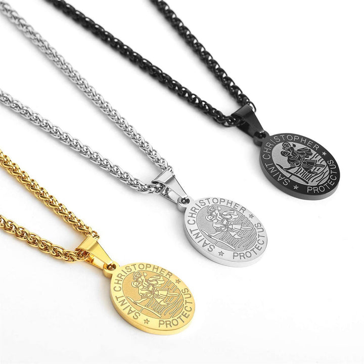 Christianartworkshop Oval Saint Christopher Engraved Medal Wheat Chain Necklace: Timeless Emblem of Gentle Heavenly Guardianship - image 0