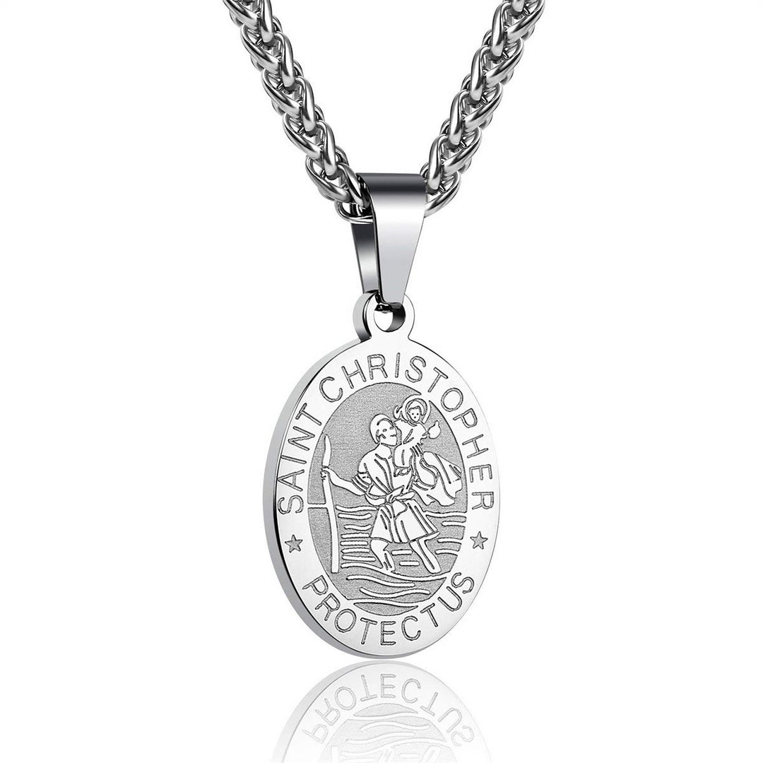 Christianartworkshop Oval Saint Christopher Engraved Medal Wheat Chain Necklace: Timeless Emblem of Gentle Heavenly Guardianship - Steel - image 3