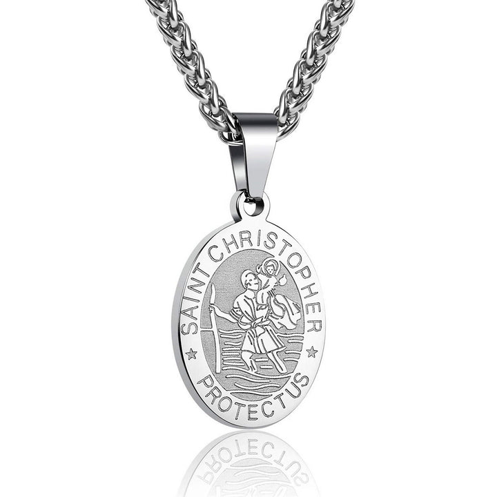 Christianartworkshop Oval Saint Christopher Engraved Medal Wheat Chain Necklace: Timeless Emblem of Gentle Heavenly Guardianship - Steel - image 3