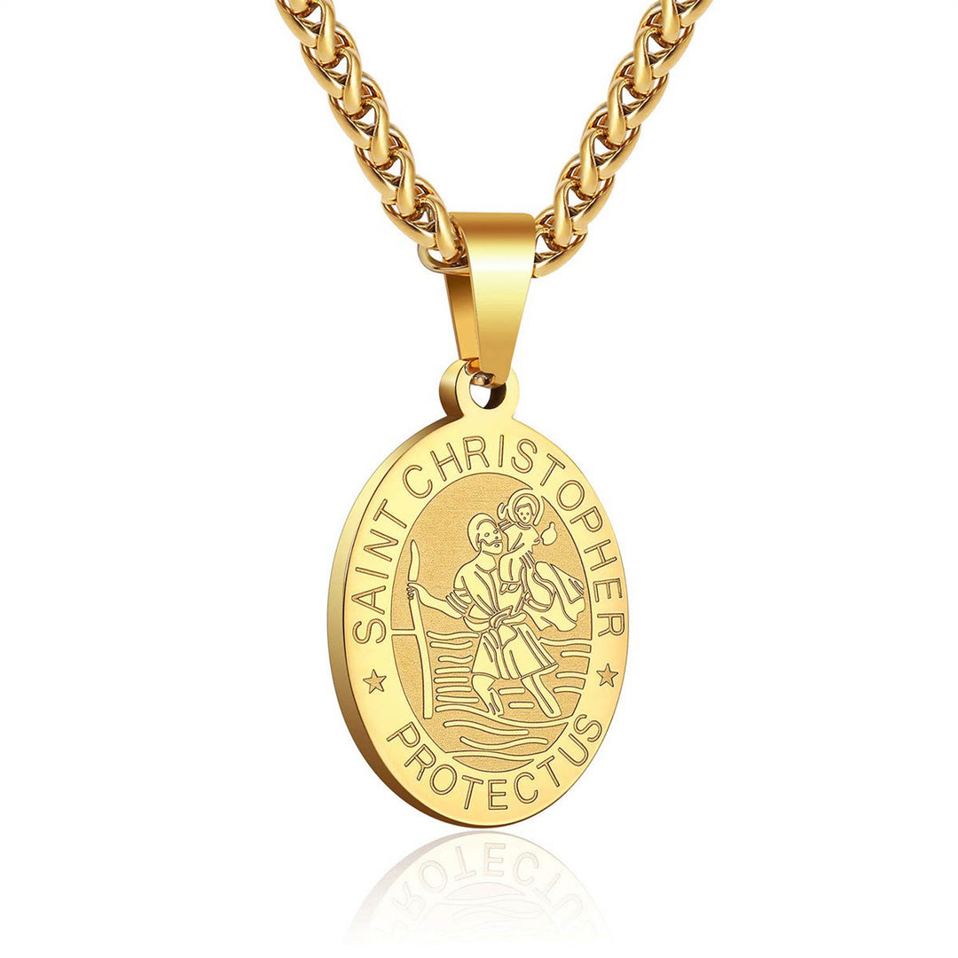 Christianartworkshop Oval Saint Christopher Engraved Medal Wheat Chain Necklace: Timeless Emblem of Gentle Heavenly Guardianship - Golden - image 5