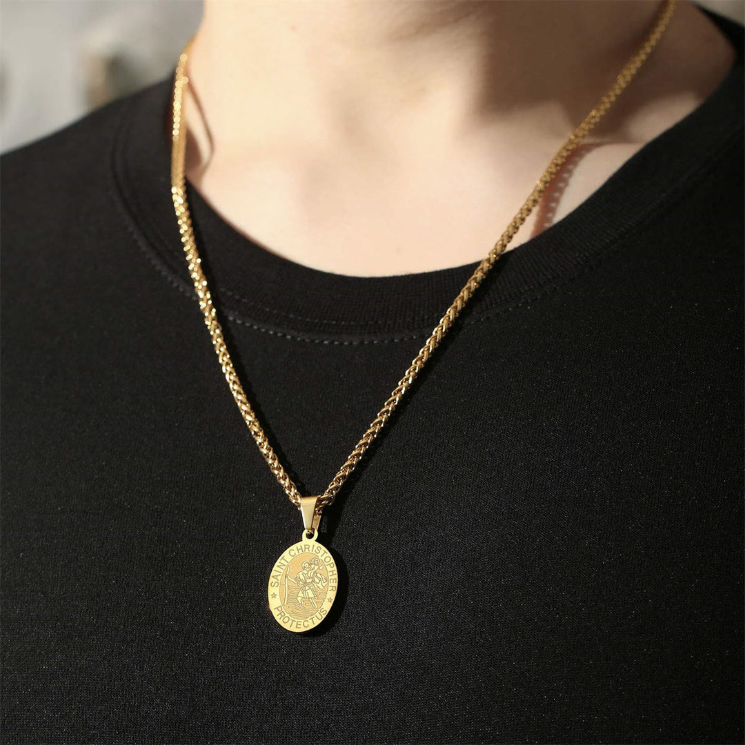 Christianartworkshop Oval Saint Christopher Engraved Medal Wheat Chain Necklace: Timeless Emblem of Gentle Heavenly Guardianship - image 6