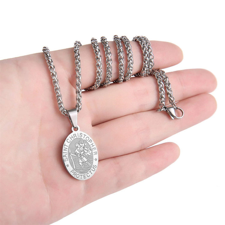 Christianartworkshop Oval Saint Christopher Engraved Medal Wheat Chain Necklace: Timeless Emblem of Gentle Heavenly Guardianship - image 4