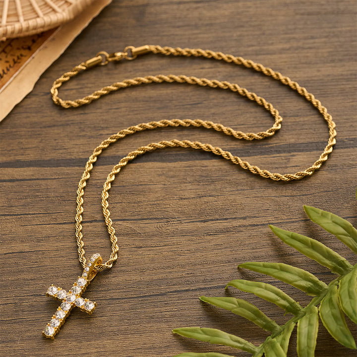 Christianartworkshop Smooth Twist Chain Full Stone Encrusted Cross Necklace: Timeless Emblem of Gentle Heavenly Guardianship - image 4