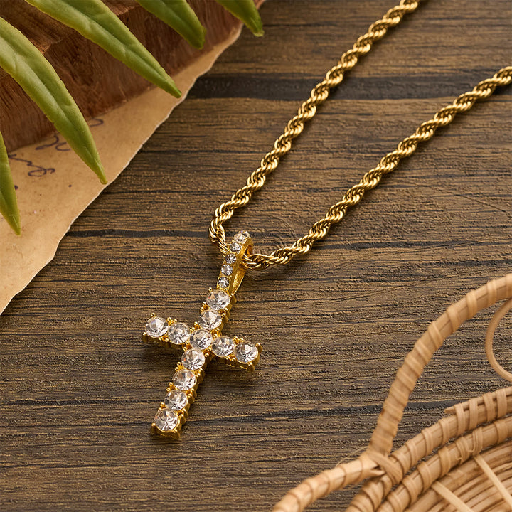 Christianartworkshop Smooth Twist Chain Full Stone Encrusted Cross Necklace: Timeless Emblem of Gentle Heavenly Guardianship - image 3