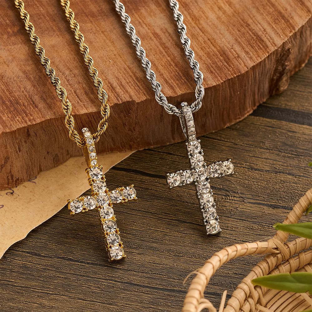 Christianartworkshop Smooth Twist Chain Full Stone Encrusted Cross Necklace: Timeless Emblem of Gentle Heavenly Guardianship - image 1