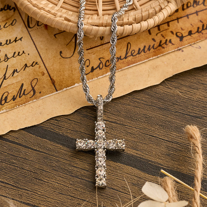 Christianartworkshop Smooth Twist Chain Full Stone Encrusted Cross Necklace: Timeless Emblem of Gentle Heavenly Guardianship - Silver - image 5